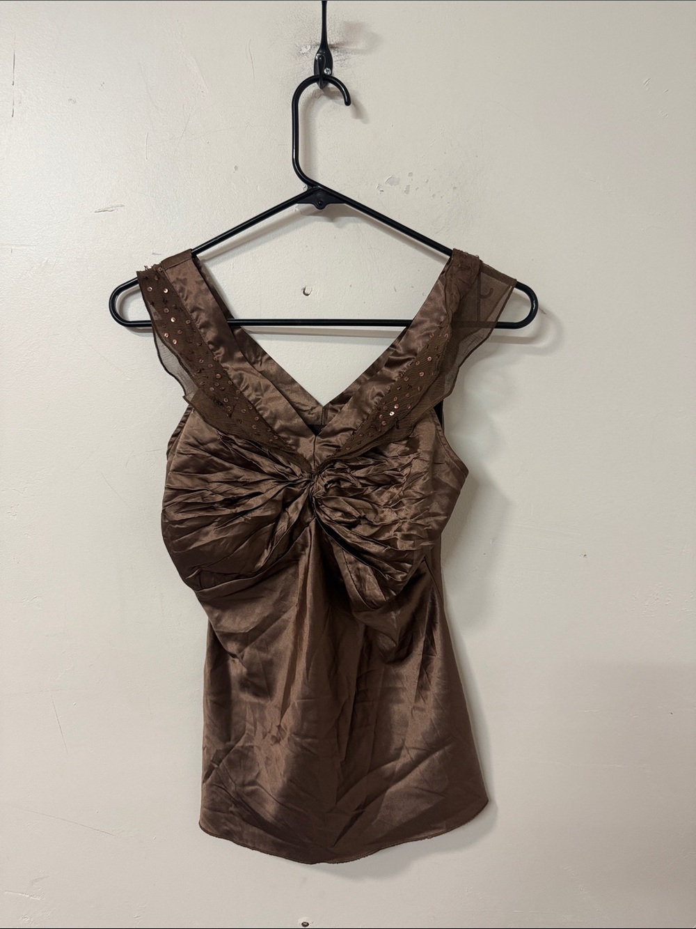 Chocolate Brown Satin Twist-Front Evening Top